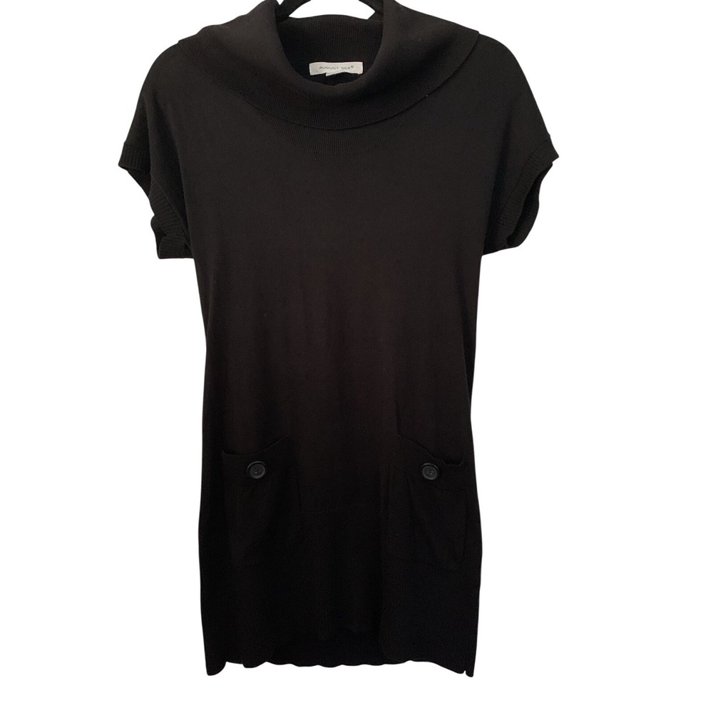 August Silk Black‎ Cowl Neck Short Sleeve Tunic Sweater with Pockets Small
